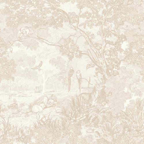 Ismoon Vintage Wallpaper Peel and Stick Beige Neutral Wallpaper 17.3in x6.56ft Forest Animals Contact Paper for Bedroom Thicken Waterproof Self-Adhesive Wall Paper Removable Renter Friendly Vinyl - color: Light Beige, size: 17.3" x 78.7"