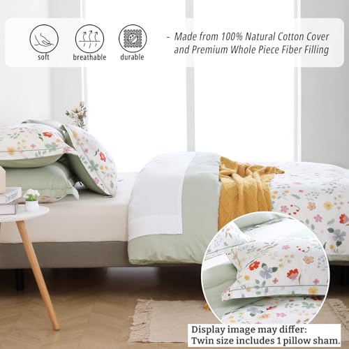 LEMIROE Botanical Cotton Comforter Twin Size 2Pcs - Colorful Flowers, Berries and Leaves on White, Chevron Sage Green Back, Lightweight Bedding Sets with Soft Fill(1 Comfoter, 1 Pillowcase) - color: Whimsy Meadow - White & Sage Green, size: Twin/Twin XL(6