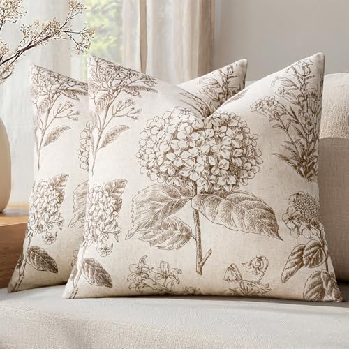 Set of 2 Decorative Floral Pillow Covers 16x16 Inch Light Brown | Neutral Hydrangea Print, Boho Vintage Throw Cushion Covers, Cottagecore Home Decor, for Sofa Couch Porch Bedroom Living Room - color: Light Brown, size: 16" x 16" (Pack of 2)