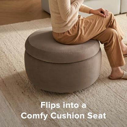 mopio Luna Round Ottoman with Storage and Tray, Round Coffee Table with Storage, Upholstered Foot Stools Ottoman for Living Room, Bedroom, with Solid Rubberwood Legs (Mocha Brown Premium Velvet) - color: Brown Velvet, Round