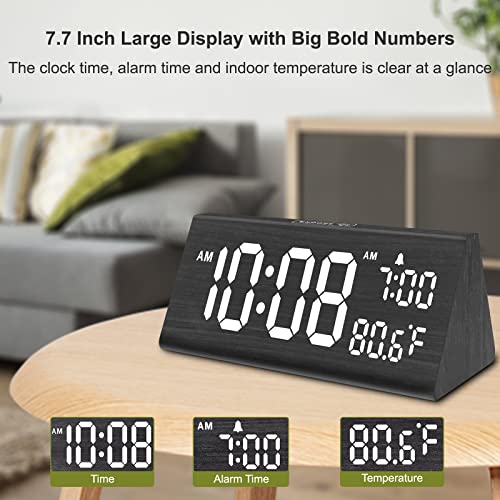 DreamSky Wooden Digital Alarm Clock for Bedroom with USB Port | 7.7" Electric Clocks with Large Numbers, Temperature, 0-100% Brightness Dimmer, Adjustable Alarm Volume, Snooze, 12/24H - color: Gray