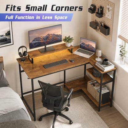 DEVAISE Compact 43 Inch L Shaped Gaming Desk with LED Lights, Rustic Brown | Steel frame and engineered wood desktop with 2 AC outlets, 2 USB ports, and monitor stand for compact gaming setups - size: 43 Inch