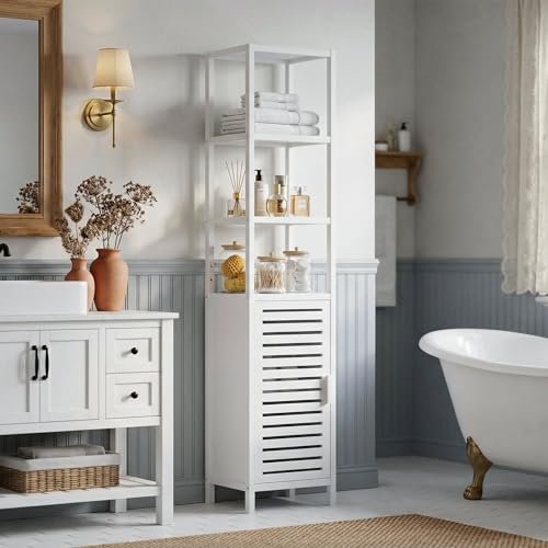 HITNET Bathroom Tall Cabinet, Floor Standing Bamboo Storage Cabinet with 6 Shelves and Shutter Door for Kitchen Living Room, White - color: White