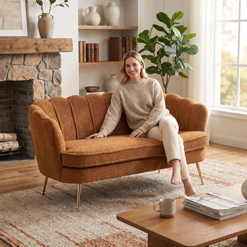 Modern Boucle Loveseat Couch,Futon Small Sofa with Gold Metal Legs | 2-Seater Upholstered Mini Sofa Couches for Small Space,Living Room Bedroom Office Dorm Studio Apartment Love Seat Couche - color: Brown