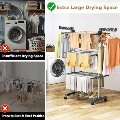 Upgraded 4-Tier Clothes Drying Rack, Drying Rack Clothing with Wheels | Large Foldable Laundry Drying Rack, Clothes Rack with Side Hooks for Indoor Outdoor Air Drying, 19.68"D x 29.9"W x 67.7"H - size: 19.68"D x 29.92"W x 67.70"H