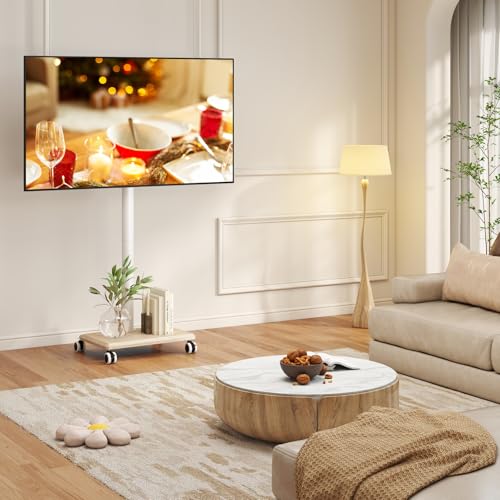 Rfiver Rolling TV Stand for 32 to 60 Inch TV up to 88lbs Wood Base White | Height Adjustable Mobile TV Cart with Lockable Wheels, Portable Floor TV Stand for Living Room, Bedroom, VESA 400x400mm - color: White, size: Without Shelf