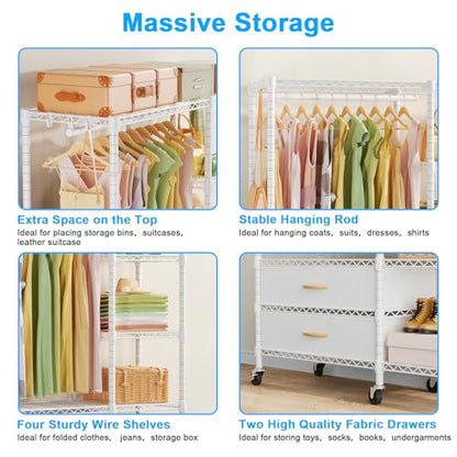 F3R Heavy Duty Clothes Rack（With Lockable Wheels）Freestanding Clothing Racks for Hanging Clothes，Adjustable Closet Organizer System，Portable Garment Rack 40"W x 15"D x 74"H，Max Load 700LBS，White - color: White, style: Rolling