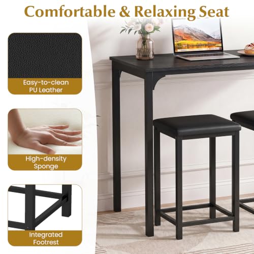 COSTWAY Dining Table Set, Counter Height Table & 2 Upholstered Stools | Black, PU Leather Seats, Metal Frame, Modern, Non-Slip Foot Pads, Space-Saving for Small Space, Kitchen Island - color: Black