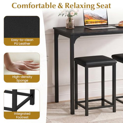 COSTWAY Dining Table Set, Counter Height Table & 2 Upholstered Stools | Black, PU Leather Seats, Metal Frame, Modern, Non-Slip Foot Pads, Space-Saving for Small Space, Kitchen Island - color: Black