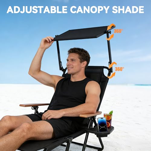 Beach Lounge Chair, Folding Outdoor Chaise Lounge Chair with Arms, 4-Position Backrest, Extended Sun Tanning Chair Pillow & Cup Holder, Patio Lounger for Outside for Beach Pool Patio Yard (Black-U) - color: Black-u