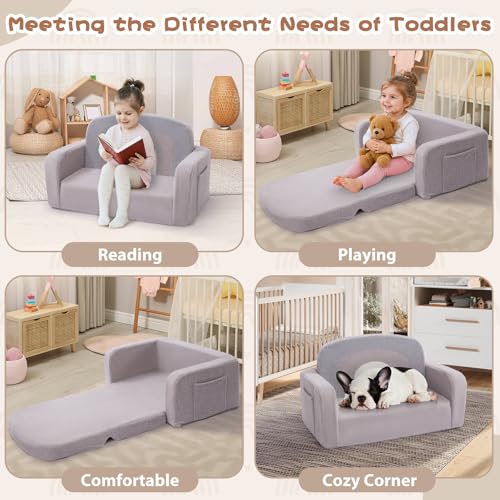 Foryoomi Extra Wide Kids Couch, 2-in-1 Soft Toddler Couch with Blanket, Comfy Toddler Chair, Convertible Sofa with Cute Rainbow Design, Grey - color: Grey Rainbow