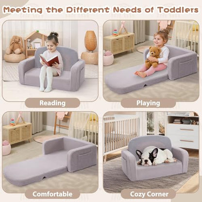 Foryoomi Extra Wide Kids Couch, 2-in-1 Soft Toddler Couch with Blanket, Comfy Toddler Chair, Convertible Sofa with Cute Rainbow Design, Grey - color: Grey Rainbow