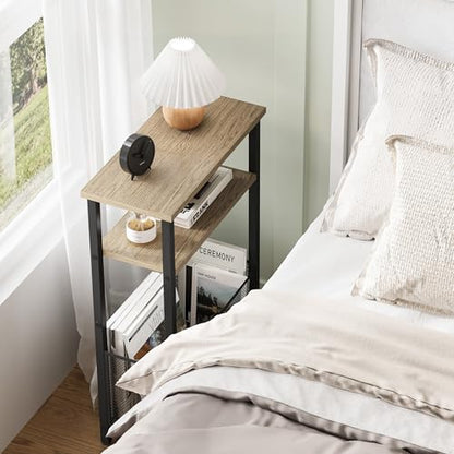 MMEOLUOOK Narrow Side Table with Storage Basket Skinny End Tables for Smalls Spaces 3 Tier Sofa Table Small Nightstand Slim Bedside Table for Living Room Bedroom Greige MLBZ22GR - color: Greige
