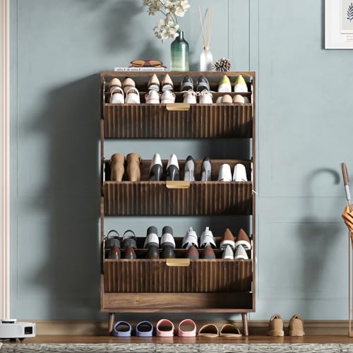 Shoe Cabinet Storage,Modern Freestanding Organizer with 3 Flip Drawers,Narrow Shoe Rack Cabinet for Entryway,Walnut - color: Walnut, size: 3-Drawers