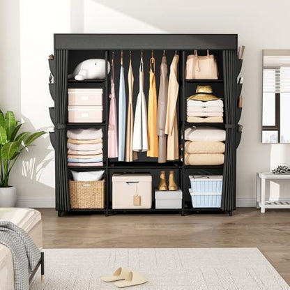 Portable Closet for Hanging Clothes 57.3 Inch Large Capacity Wardrobe Closet with Cover, 8 Pockets and 1 Hanging Rod, Easy Assembly Closet Organizer for Bedroom, Black