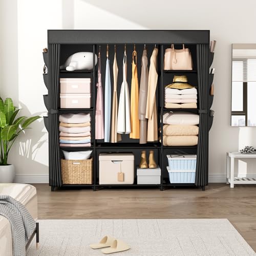 Portable Closet for Hanging Clothes 57.3 Inch Large Capacity Wardrobe Closet with Cover, 8 Pockets and 1 Hanging Rod, Easy Assembly Closet Organizer for Bedroom, Black