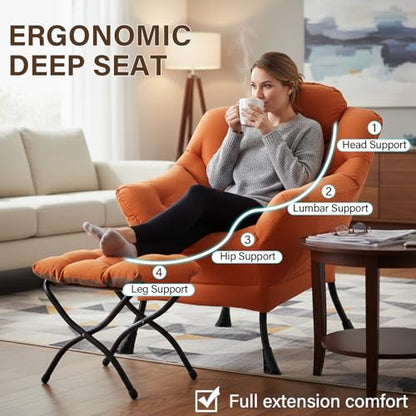 Welnow Lazy Chair with Ottoman, Reading Chair with Footrest，Orange | A Side Pocket,Armrests,Foldable Footrest,Thick Cushioned Seat & Backrest, Lounge Chair for Bedroom,Living Room & Small Space - color: Orange