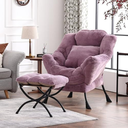 Lazy Chair with Ottoman, Plush Reading Chair with Pillow，Purple | Removable machine-washable cover; includes an extra throw pillow; cozy accent chair for living room, bedroom, dorm or office - color: Plush Purple-1