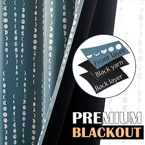 jinchan Boho Blackout Curtains 63 Inch Length Moon Phase Printed Drapes | Blue Farmhouse Curtains for Bedroom Living Room Back Tab Drapes Room Darkening Window Treatments 2 Panels - color: Luna | Blue, size: 52"W x 63"L (Pack of 2)