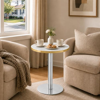 TesNus 23.6" Small Round Dining Table for 2, Circle Tulip Table, Faux Marble Top with Silver Metal Pedestal Base, Modern Leisure Coffee Table for Small Spaces, Cafe, Office, White&Silver - color: White Top&silver Base