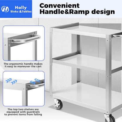 Hally Stainless Steel Utility Cart 3 Tier NSF Rolling Carts 31" Lx19 Wx34 H | Commercial Heavy Duty Metal Mobile Food Cart, with Handle and Wheels, for Kitchen, Restaurant, Hospital, Laboratory and Home - size: 19''x31''x34''