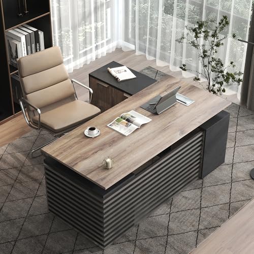 SAINTCY L Shaped Executive Standing Desk with Drawers, 70.87In Large Modern Adjustable Heigh Office Desk w/File Cabinet, AC/USB, 2.56" Thick Floating Desktop,for Home Office, Studio - color: Left, size: 62.99"D x 70.87"W x 29.5"H