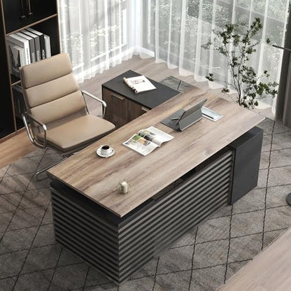 SAINTCY L Shaped Executive Standing Desk with Drawers, 70.87In Large Modern Adjustable Heigh Office Desk w/File Cabinet, AC/USB, 2.56" Thick Floating Desktop,for Home Office, Studio - color: Left, size: 62.99"D x 70.87"W x 29.5"H