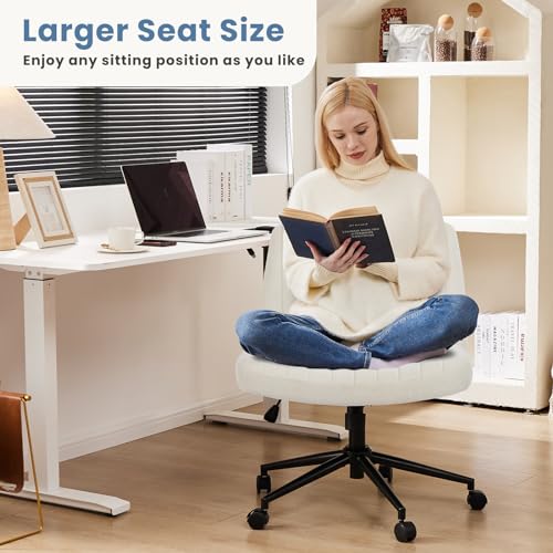DUMOS Criss Cross Chair with Wheels, Wide Cross Legged Office Desk Vanity Chairs, Armless Height Adjustable Swivel Chairs for Home Computer Task, Fabric, Beige Wheel - color: Beige Wheel