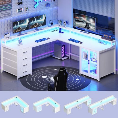 SEDETA L Shaped Gaming Desk with 4 Drawers, 109” Computer Desk with Display Cabinet, Home Office Desks with 2 Monitor Stands, CPU Stand, LED Lights and Power Outlet, White - color: White