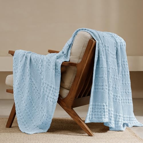 PHF 100% Cotton Waffle Weave Throw Blanket, Lightweight Breathable Summer Blanket for Couch Sofa, Pre-Washed Soft Throws for Bed, Office, Travel & Stylish Home Decor, 50"x60", Baby Blue - color: 23 Baby Blue, size: Throw(50"x60")