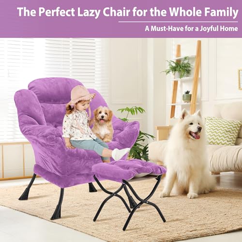 Youtanic Lazy Chair with Folding Ottoman, Accent Chair Plush Upholstered with Metal Structure and Non-Slip Pads, Sofa Armchair with Footrest and Side Storage Bag for Dorm, Room, Office, Purple - color: Plush Purple
