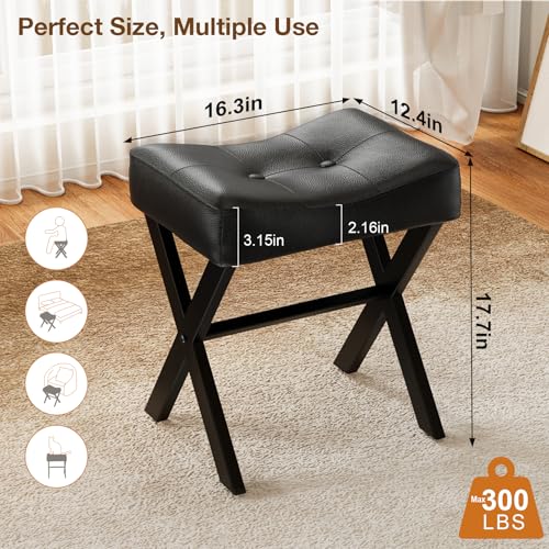 18-Inch Leather Vanity Stool Chair, Black | Vanity Bench, Metal X-Leg, Ottoman Accent Stool, Thick Padded Saddle Seat, 300 LBS, 16.3"x12.4"x18", For Living Room, Bedroom - size: Small, style: Black Leather