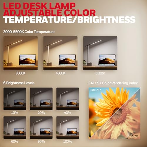 Honeywell LED Desk Lamp, Sunturalux™ Grey Desk Lamps for Home Office USB | Foldable LED desk lamp with USB-C/A charger, RG0 eye-safe, CRI95, stepless dimming 10%-100%, 3 color temps (3000K-5000K) - color: Gray