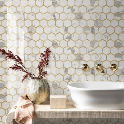 STICKGOO Hexagon Peel and Stick Backsplash Tile, Stick on Backsplash for Kitchen and Bathroom, Glossy Carrara White PVC Mixed Metal Gold Self Adhesive Wall Tiles(10 Sheets, Seamless) - color: Carrara White with Metal Gold