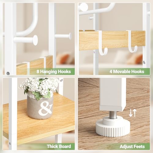 ELYKEN Coat Rack Freestanding, Hall Tree with 3 Shelves and 12 Hooks | Industrial Metal Frame, Space-Saving Design, Clothes Rack Stand Organizer for Bedroom, Hallway, Entryway, Office, Living Room - color: Natural