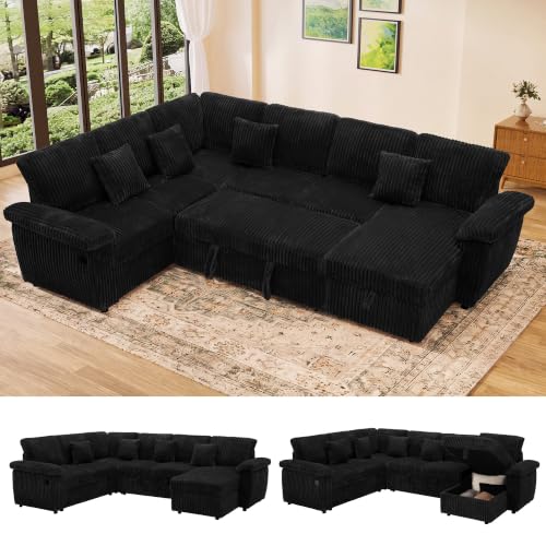 Modular Sectional Sleeper Sofa with Pull Out Bed, 104" U Shaped 7 Seat Cloud Sectional Couches for Living Room, Comfy Corduroy Couch Sofa Bed with Storage Chaise, USB Charging, Black - color: Black