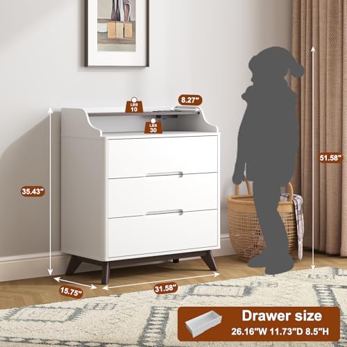 35" Large Night Stand with Charging Station, 3 Drawer Spacious Drawers | Top Open Shelves, Pre-Installed Slide, Wood Bedside Table, Modern End Table, Nightstand for Bedroom Sofa Couch,White - color: White, size: Large (3 drawer)