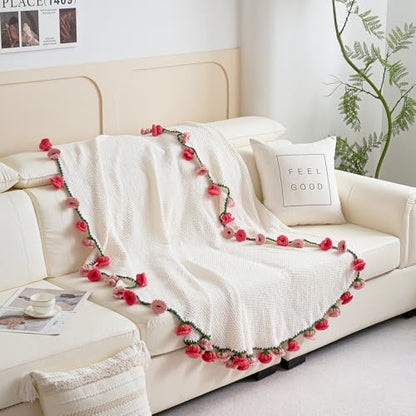 Crochet Flower Bouquet Throw Blanket, Handmade Knitted Blanket with Flowers, Cute Romantic Gift for Her Girlfriend Mom Mother’s Day Valentine Wedding Anniversary Birthday, Pink 40 Inches - color: Pink Lily of the Valle, size: 40 Inches