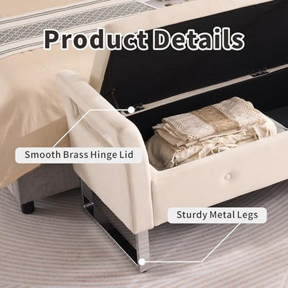 Chifee & Vingol Storage Bench with Armrests, 67.91 Inch Velvet End of Bed Bench Upholstered Storage Ottoman for Bedroom, Livingroom, Entryway - Beige - color: 68"-beige
