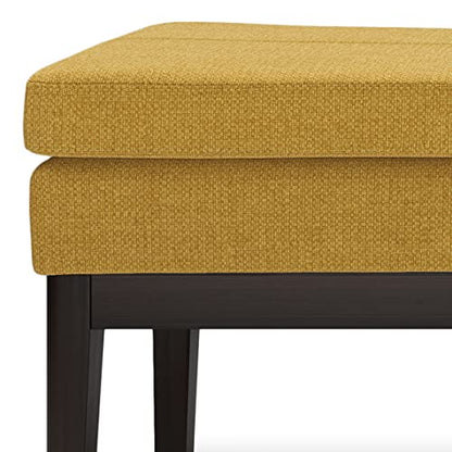 SIMPLIHOME Carlson 45" Wide Vegan Leather Rectangle Ottoman in Marigold | Mid-century modern ottoman bench with a padded seat; perfect footstool, footrest or pouf for bedroom or entryway. - color: Marigold, style: Ottoman Bench