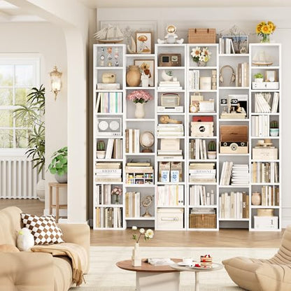 FOTOSOK 71'' H White Bookshelf with 21 Cubes, Triple Wide Tall Bookshelf | 8 Tier Bookcase with 8 Adjustable Shelves, Large Bookshelf DVD/CD Media Tower Storage, Freestanding Display Shelf Cabinet - color: White