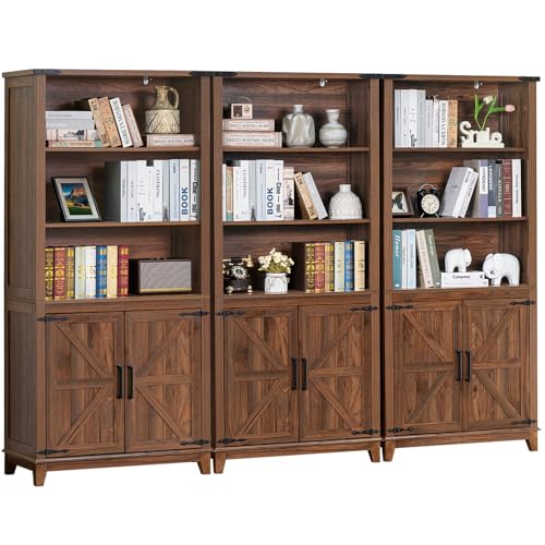 Joaxswe 70in Tall Bookshelf 5 Tier Bookcase with Barn Doors and Adjustable Shelves, Brown Farmhouse Book Shelf with Storage Cabinet, Wood Freestanding Display Bookshelves for Bedroom, Kitchen (3PCS) - color: Brown, size: 3 Piece