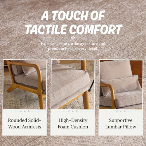 Karl home Mid-Century Modern Accent Reading Chair, Khaki | Chenille Upholstered, Solid Wood Frame, Soft Cushion, Lumbar Pillow, Lounge Armchair for Living Room, Bedroom, Balcony, Study - color: Chenille Khaki