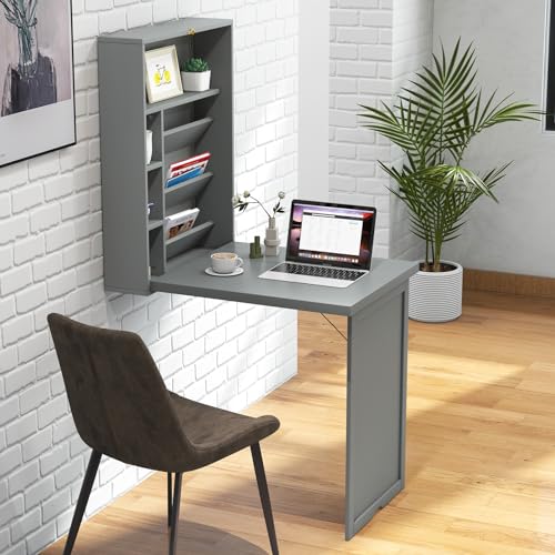 GOFLAME Wall Mounted Folding Desk with 3-Tier Tilt Storage Partition and Adjustable Shelves, Space-Saving Convertible Writing Desk for Home Office, Gray - color: Grey