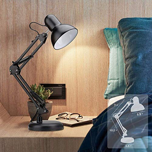PowerKing Metal Swing Arm Desk Lamps, Adjustable Architect Lamp, Black | Metal Material, Adjustable & Flexible, Fits E26 E27 Bulbs, 2-in-1 Design, Eye-Caring Reading Light, for Home & Office - color: Black