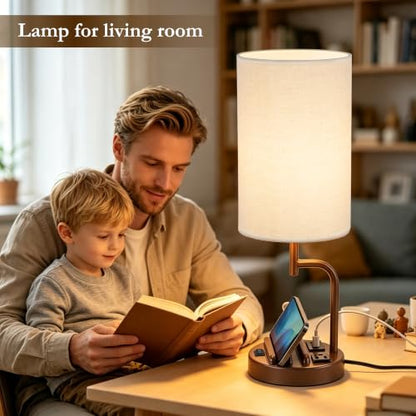 Dreamholder 2 Pack Table Lamp, Bedside Lamp with 3 USB Charging Ports & AC Outlet, USB Desk Lamp with 2 Phone Holders, Linen Fabric Shade Nightstand Lamps for Bedroom Living Room Office, Coffee Brown - color: Coffee Brown