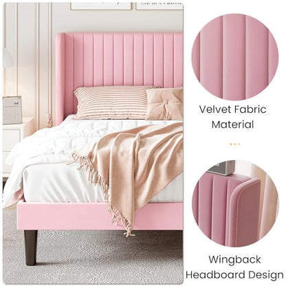 SHA CERLIN King Size Velvet Bed Frame, Tufted Wingback Headboard, Pink | 47'' Modern Vertical Channel Headboard, Upholstered Platform Bed, Wood Slats, No Box Spring Needed, Easy Assembly, Noise Free - color: Pink, size: King