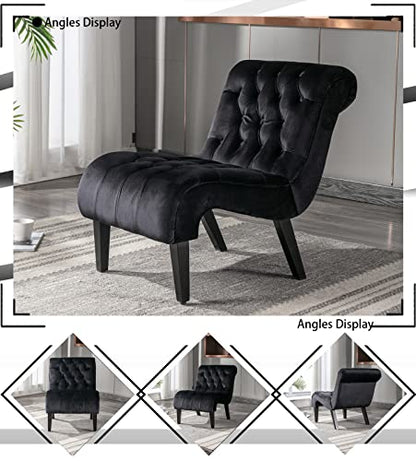 Comfy Velvet Accent Chair, Tufted Armless Side Chair with Rolled Edge | Modern Small Lounger for Living Room, Upholstered Reading Chaise Lounge with Solid Rubber Wood Legs, Black - color: Deep Black, size: Set of 1