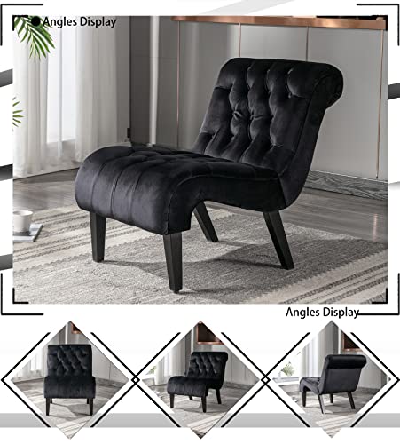 Comfy Velvet Accent Chair Set of 2, Tufted Armless Chair with Rolled Edge | Modern Small Lounger for Living Room, Upholstered Reading Chaise Lounge with Solid Rubber Wood Legs, Black - color: Deep Black, size: Set of 2