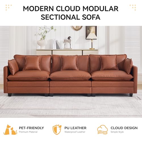 111'' Sectional Cloud Deep Seat Couch, Modern Comfy Leather Modular Sectional Sofa for Living Room Set, Upholstered Modular 3-Seats Sofa Couch, Leather Brown - color: Pu-dark Brown, size: 111'' 3 Seats